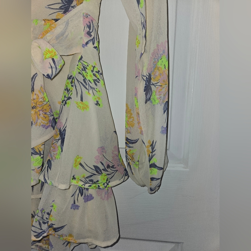 Altar'd State Ivory Floral Long Sleeve V Neck Ruffle Romper - Picture 6 of 12